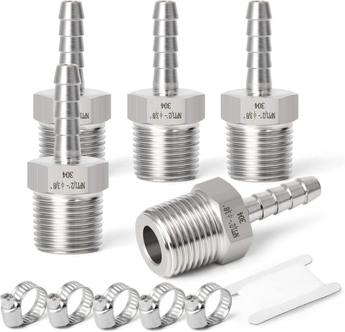 TAISHER 5PCS Forging 304 Stainless Steel Air Hose Fittings, Hose Barb Fittings 3/8" Barb x 1/2" MNPT Pipe Adapter