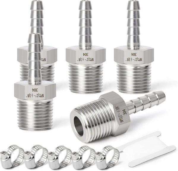 TAISHER 5PCS Forging 304 Stainless Steel Air Hose Fittings, Hose Barb Fittings 3/8" Barb x 1/2" MNPT Pipe Adapter