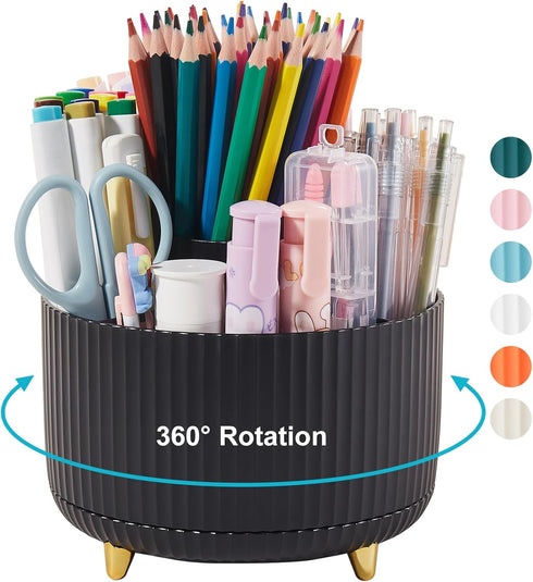 Desk Pencil Pen Holder, 5 Slots 360 Degree Rotating Organizers for Office Accessories and School Supplies (Black)