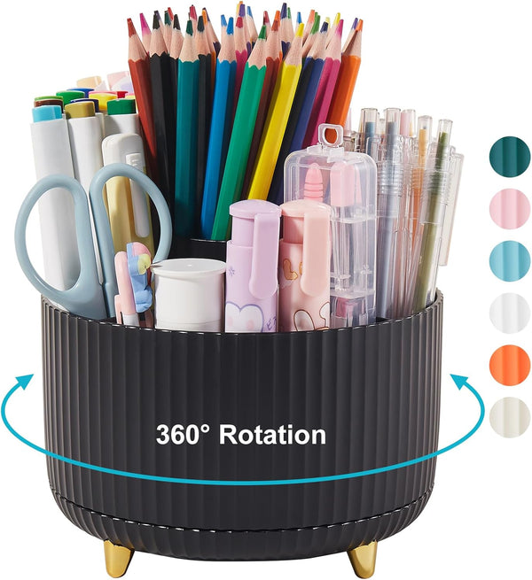 Desk Pencil Pen Holder, 5 Slots 360 Degree Rotating Organizers for Office Accessories and School Supplies (Black)