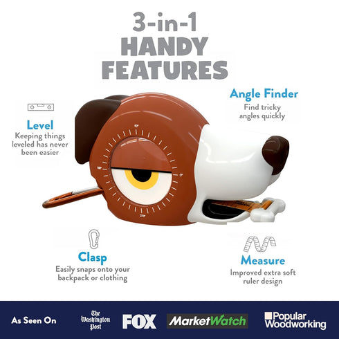 Famm 4-in-1 3+ Handy Fido The Dog Kids Measuring Tape with Adjustable Level Eye, Angle Finder & Eraser Ears Montessori
