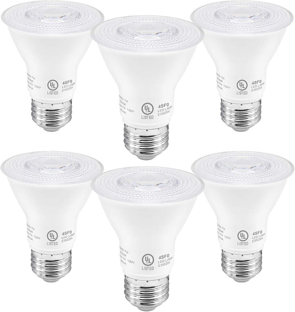 PAR20 LED Bulbs, Dimmable 7W (60W Equivalent), E26 Base, 5000K Daylight White, Indoor/Outdoor, 6 Pack