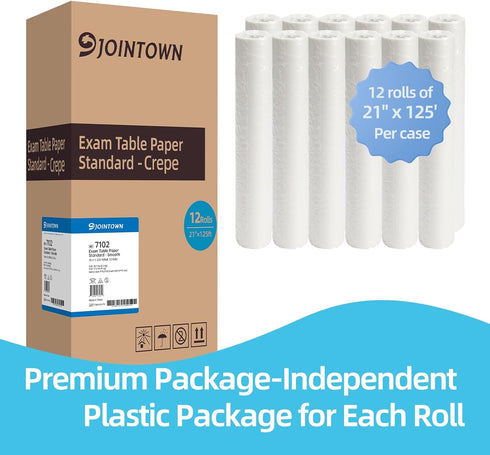 Jointown Exam Table Paper, Crepe Table Paper 18 in X 125 ft, Case of 12 Rolls for Medical and Chiropractic Use
