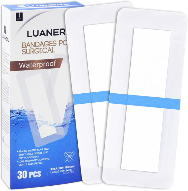 luanerl 30 Pack 4"x10" Waterproof Adhesive Island Dressing for Post-Surgery Recovery | Sterile