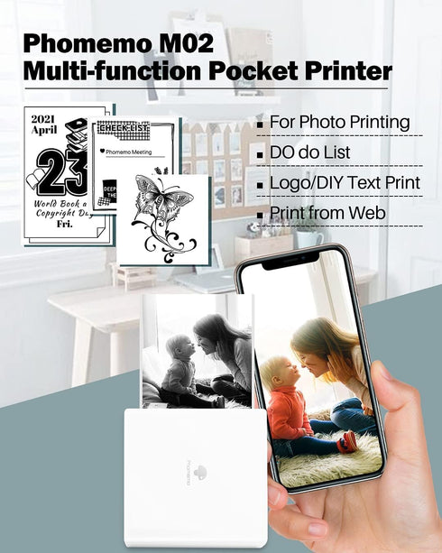 Phomemo Mini Sticker Printer - Mini Printer Sticker Maker Machine M02, Portable Thermal Inkless Label Maker, White