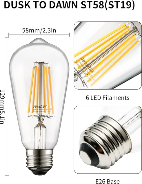 Bulbs ST58(ST19), 2700K, 6.5W=60W, Non-Dimmable Bulb Garden,750LM, E26, 4-Pack Qualilux Dusk to Dawn Edison Light Soft