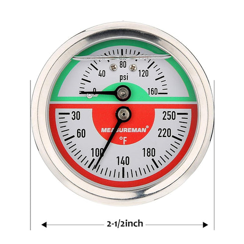 MEASUREMAN Tridicator, Thermo-Manometer, 2-1/2", Silicone Oil Filled, 0-160psi/30-250 deg F, Stainless Steel Case
