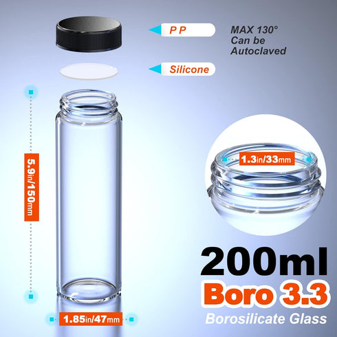 Glass Sample Vials,Wide Mouth Glass Bottle Boro 3.3 with Black Cap for laboratory,reagents bottle,leaf teas, spices,herbs, medication,paint,DIY Craft vials with sticker & Funnel (47mm 200ml 4pcs)
