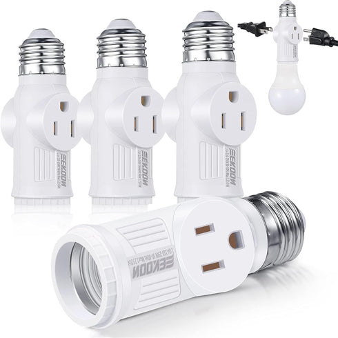Feekoon 4 Pcs E26 Light Socket Adapter, 3 Prong Light Bulb Outlet to Plug Splitter Converter for Garage Porch (White)