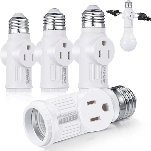 Feekoon 4 Pcs E26 Light Socket Adapter, 3 Prong Light Bulb Outlet to Plug Splitter Converter for Garage Porch (White)