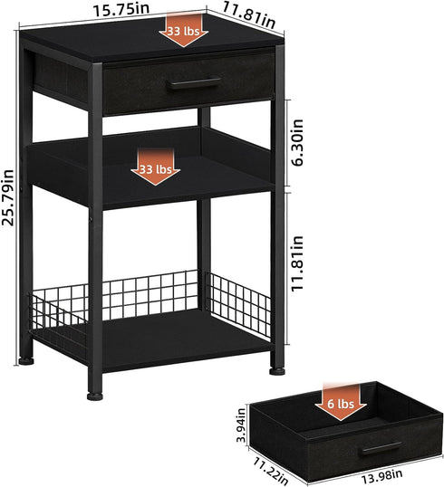 Lerliuo Pure Black Printer Table - 3 Tier Industrial Wood Stand with Fabric Drawer, Modern Tall End Table