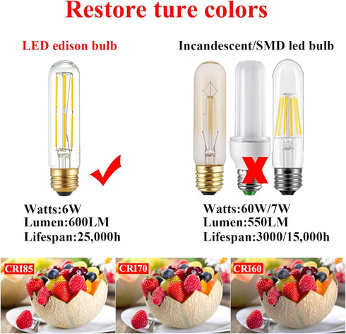 5 Inch Bulb,6W T10 Bulb E26 Bulb 60 dimmable,Neutral 4000K,600lm,CRI85+,AC120V,Clear E26 Bulb,Flicker-Free,Pack 6