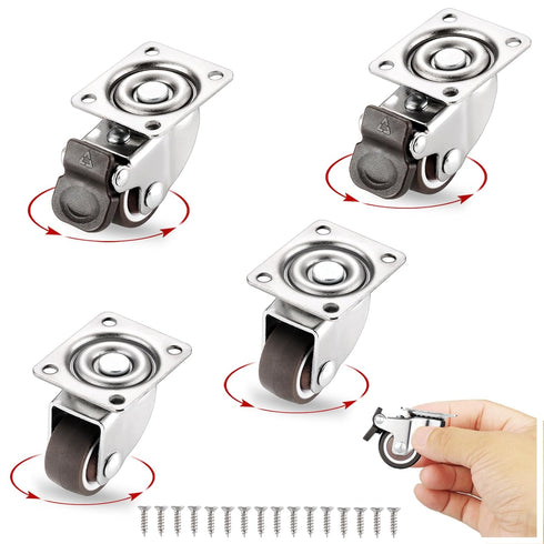 Small Caster Wheels 1 Inch Set of 4, Low Profile 360 Degree Swivel Casters for Small Furniture (2 with Brakes & 2