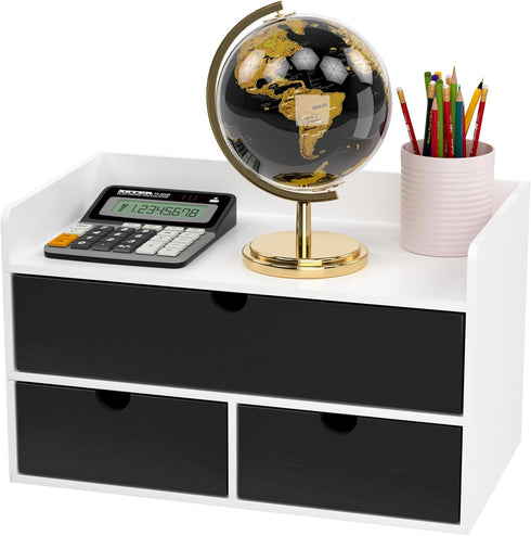 Wisuce Desk Organizer with Drawers - White-Black Bamboo Desktop Organizer Storage for Bills, Office Supplies,