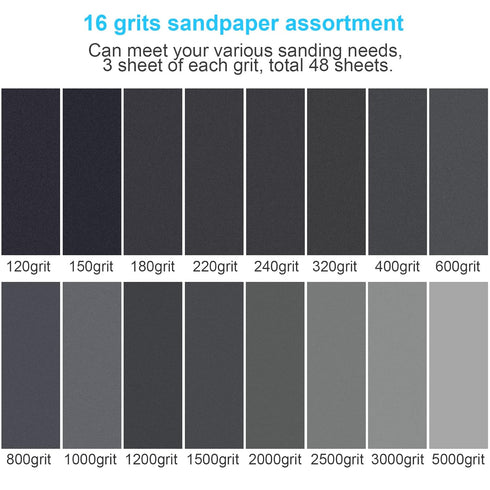 Sand Paper, 48 PCS Assorted Grit Sandpaper Sheets 120 to 5000, 9 x 3.6 Inch Premium Wet Dry Sandpaper for Wood, Metal,
