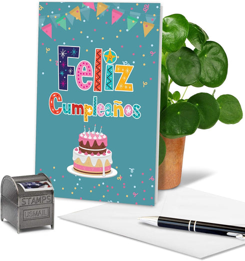 NobleWorks Spanish Birthday Card with Envelope, Hispanic Latino Celebration Card, Feliz Cumpleanos