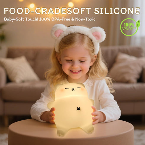 FRDEV 3-Level Dimming, 30-Min Tummy, Bear Night Light for Nursery, Rechargeable Soft Silicone Baby Night Lamp