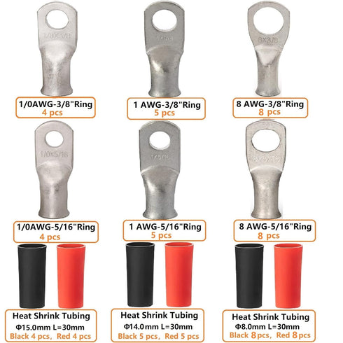 68pcs Battery Cable Ends, 1/0 AWG 1 AWG 8 AWG Tinned Copper Lugs, Heavy Duty Wire Ends with Heat Shrink Tube