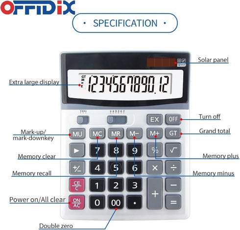 OFFIDIX Large Key Calculators, Office Desktop Calculator, Dual Power Electronic, 12 Digit Large LCD Display for Daily
