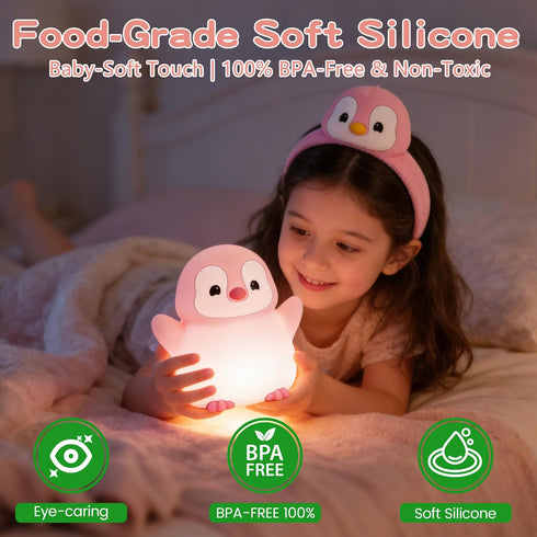 Lamp,Rechargeable/Dimmable/Timer,Room Penguin Night Light for Kids,Cute Pink Penguin Lamp,Soft Silicone Nursery