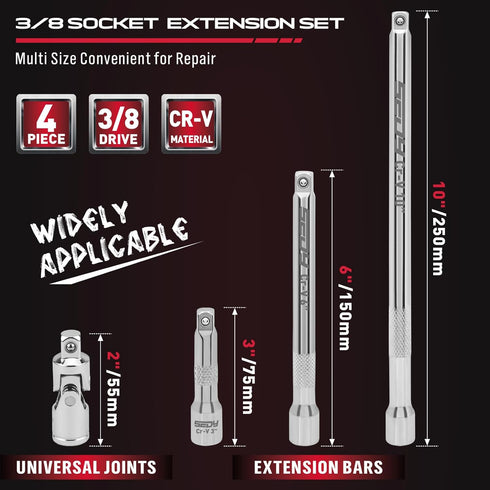 4-Piece 3/8" Set, Set 3, 6, 10 Inch 3/8 Inch Drive Socket Extension Bar Professional Socket Extension Include