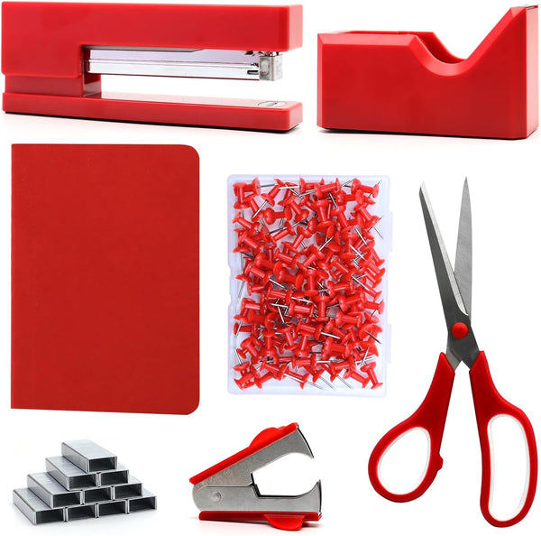 UPIHO Red Office Supplies Set - Red Desk Accessories, Stapler, Tape Dispenser, Scissors, and More for Women