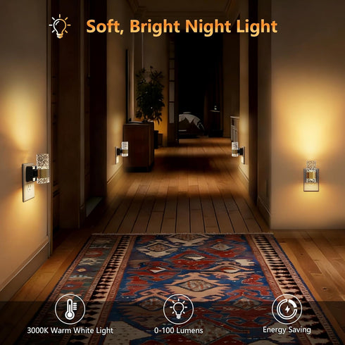 2 Pack, 0-100LM Dimmable, 3000K LED Night Lights Plug into Wall Acrylic Nightlight with Dusk to Dawn Sensor, Stepless