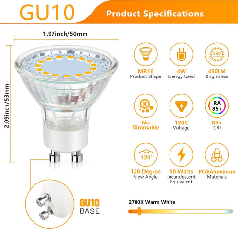 GU10 LED Light Bulb, 50 Watt Halogen Equivalent, Warm White 2700K 450LM Non-Dimmable 4W LED Replacement Recessed Track Lighting, 5-Pack by Maylaywood
