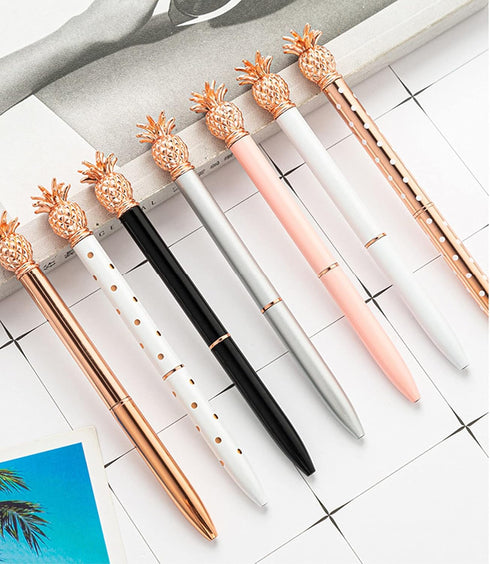 Gullor 6 Pieces Pineapple Pens, Bling Metal Ballpoint Pens for School Office Supplies, 1.0 mm Black Ink