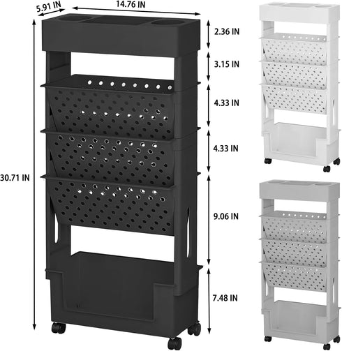 5-Tier BYFU Movable Bookshelf Cart, Rolling File Paper Storage Organizer Mobile Bookcase with Wheels for Home Office