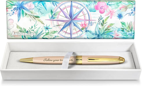 Follow Your True North Ballpoint Pen for Women, Fancy Pen for Journaling and Writing, Inspirational Pen with Motivational Saying, Gift Box, Extra Refill, Pink Pen with Gold Trim, Black Ink by Authentigo