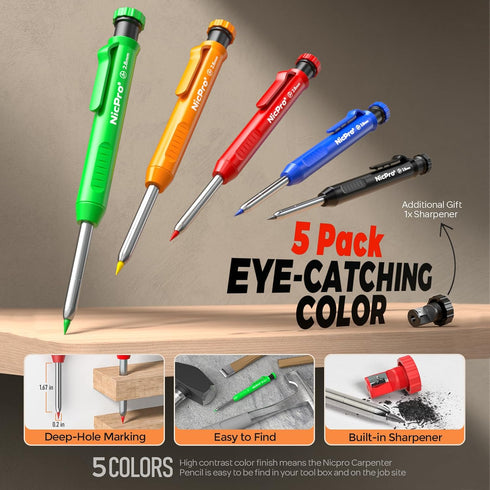 5 Pack 53 Nicpro Carpenter Pencils with Sharpener, Construction Mechanical Pencil with Refills, Heavy Duty Marking
