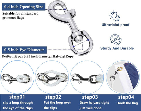 4PCS Flag Swivel Snap Clips, Heavy Duty Stainless Steel Flag Snaps for Pet Leash, Key Chain, Leather Craft