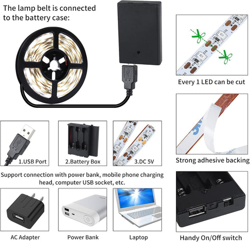 16.4ft 8.2ft 2 USB LED Light Strip White with Battery Box (Batteries Not Included), Daylight Under Cabinet Strip Lights