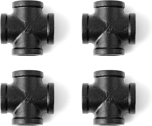1/2" Black 4-Way Cross Fitting Connector, Home TZH 4-Pack Cast Malleable Iron