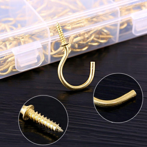 120Pcs Metal Screw-in Ceiling Hooks Kit, 6 Sizes, Gold Self-Tapping Cup Hooks for Home/Workplace/Office