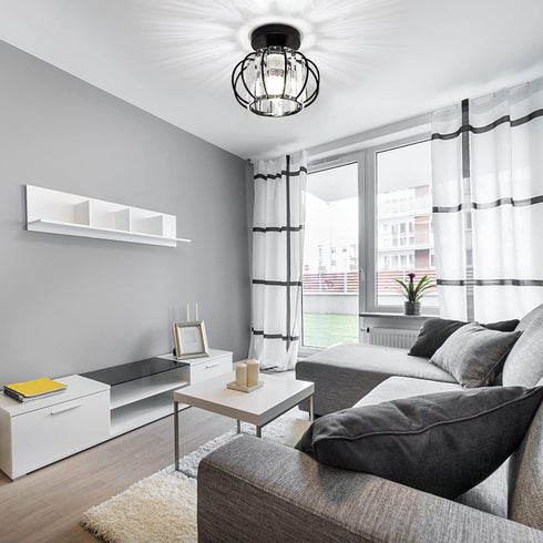 Industrial Black Semi Flush Mount Ceiling Light Fixture, Modern Close to Ceiling Light, Crystal Chandeliers Fixtures