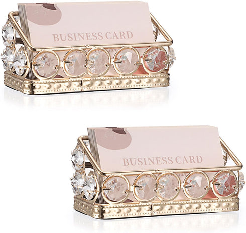 Hipiwe 2 Packs Crystal Business Card Holder, Gold Metal Display Holder for Desk, Bling Office Desktop Organizer with