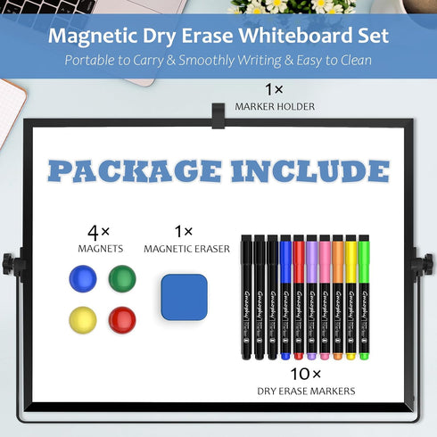 Dry Erase White Board, 16 x 12 Inch Magnetic Whiteboard with Stand, Portable Double-Sided Easel, 10 Markers, 4 Magnets,