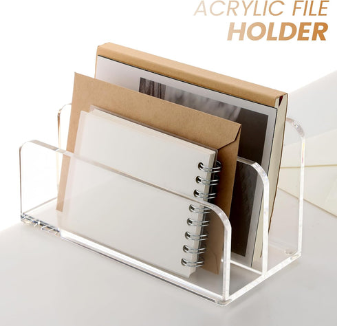 Clear Acrylic File Holder, 2 Sections Mail Organizer for Desk, Document, Notebook, Electronics Storage