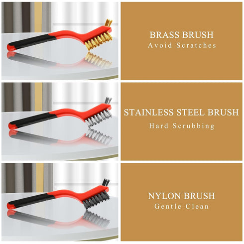 Wire Brush Set, 3 Pcs Stainless Steel/Brass/Nylon for Cleaning with Curved Handle Grip for Rust Removal