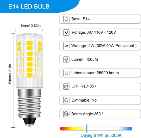E14 LED Bulb, 4W Replacement for Whirlpool Freezer Light, Daylight White 5000K, 120V, 2 Pack
