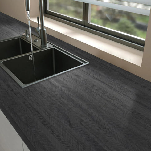 15.7"X118" Black Wood Wallpaper, Peel and Stick Fishbone Textured Contact Paper for Cabinet Decoration