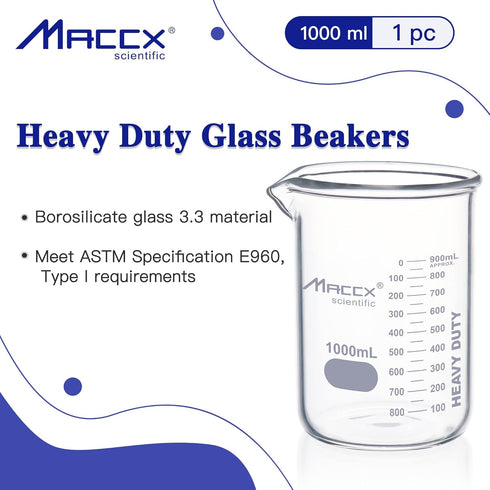 34oz(1000ml) New Upgraded Glass Beakers, Heavy Duty Lab Beaker,3.3 Borosilicate with Double Scale, HDBK1K0-001