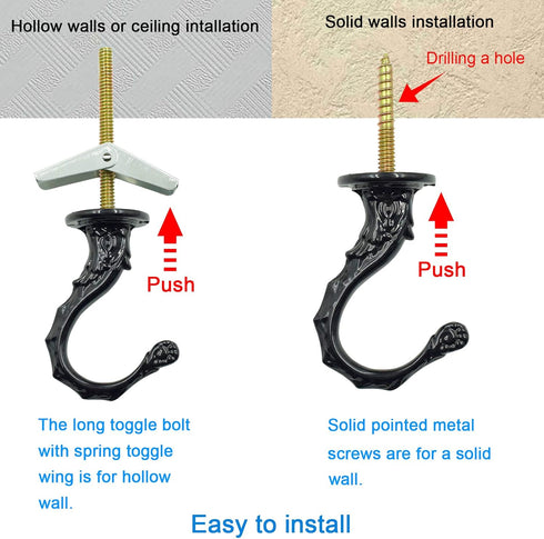 Eilumduo 65mm Ceiling Hooks, Heavy Duty Swag Hook with Steel Screws for Hanging Plants, Black (2 Sets)