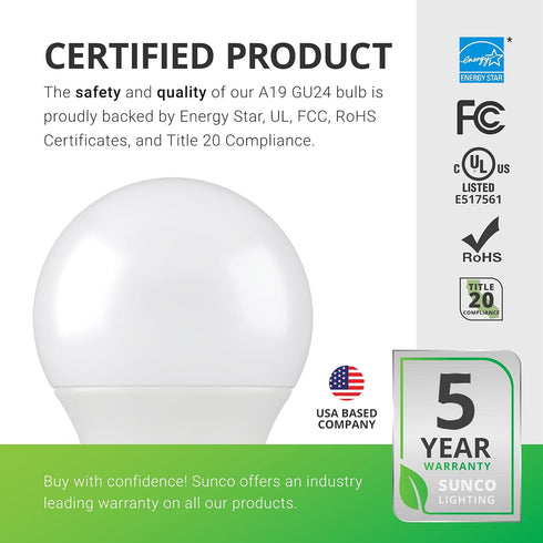Sunco Lighting 2 Pack GU24 LED Bulbs 2 Prong A19, 9W Equivalent 60W, 5000K Daylight, Dimmable, UL