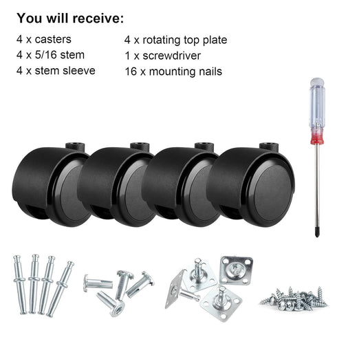 2 Inch Caster Wheels Set of 4, Heavy Duty 1000LBS Load Capacity, 5/16 Inch Valve Stem & Rotating Top Plate, Black