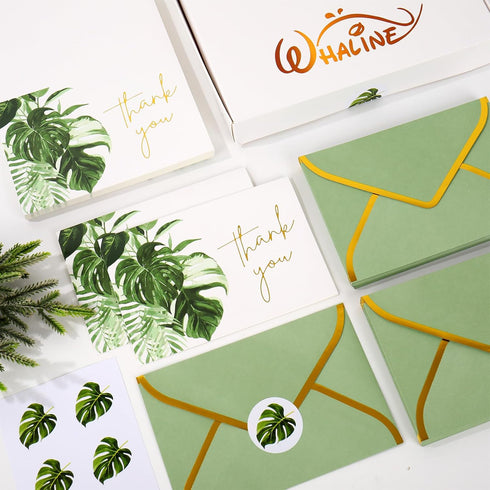 50 Packs Summer 4 6 Inch Whaline Gold Foil Thank You Cards Tropical Greenery Leaves Greeting Cards Monstera Blank Note