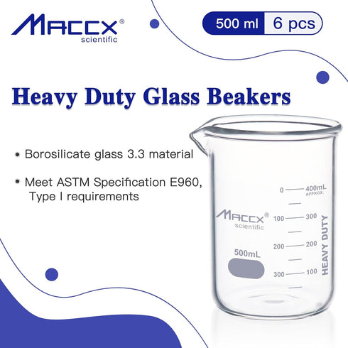 16.9oz (500ml) Sturdy Glass Beaker, 3.3 Borosilicate Griffin Low Form, Pack of 6, BKL500-006