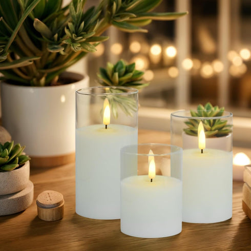 3Pack Flameless Candle in Glass, Flashing LED Pillar Real Wax Fake Candle with Remote Control and Timer, Battery